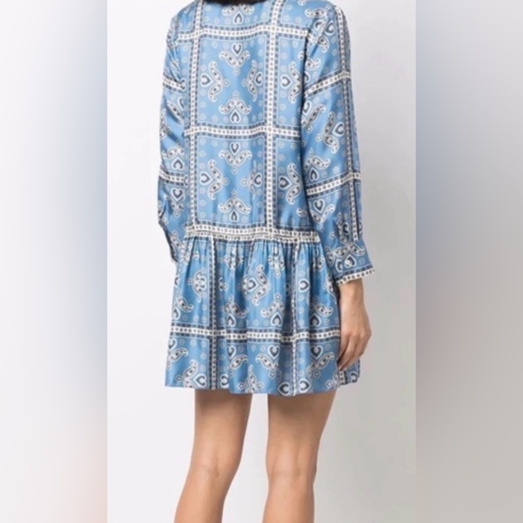 Sandro Blue Paisley Long Sleeve Collared Chloe Silk Mini Dress **Size 40/US 8** - Picture 2 of 12